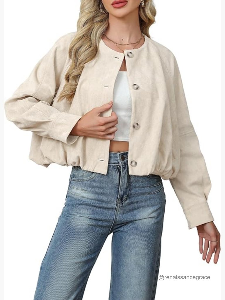 Cropped Faux Suede Bomber Jacket Collarless Button Front Oversized